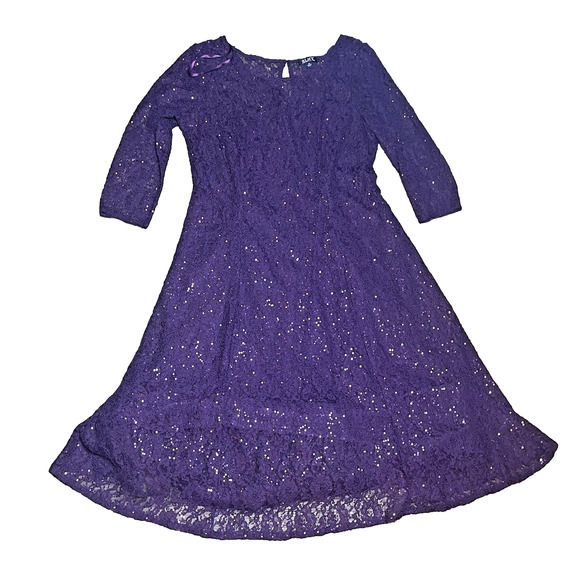 SLNY Purple Lace Sequin Stretch Midi Dress 3/4 Sleeve Party Cocktail Size 14 - Picture 1 of 16